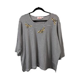 Quacker Factory Shirt Womens Size 2X Bumble Bee Embroidered Black White Striped